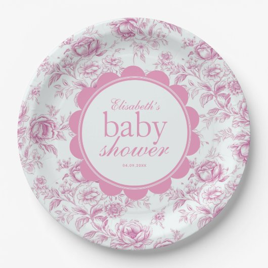 Eleganter Garten Pink Chinoiserie Babydusche Pappteller (Vorderseite)