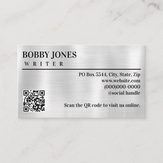 Eleganter, gebürsteter Silber Foil Metallic QR Cod Visitenkarte (Vorderseite)