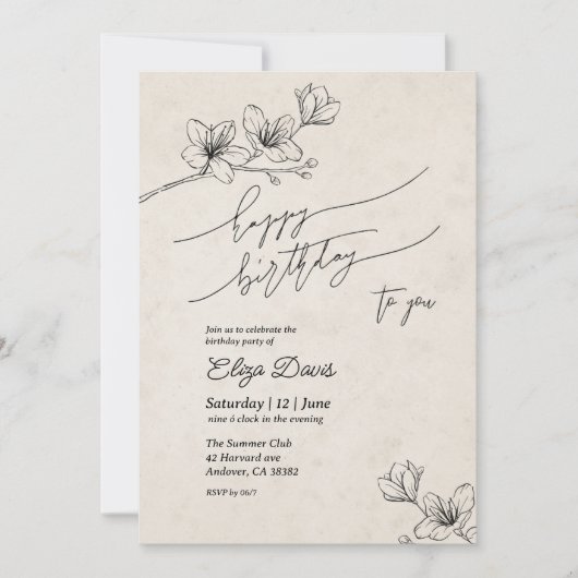 Eleganter Geburtstag Einladung mit Blume (Vorderseite)