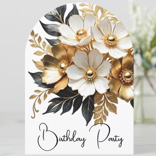 Eleganter Geburtstag Gold Schwarz Weiß Blumen Einladung