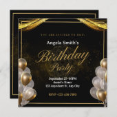 Eleganter Geburtstag in Schwarz und Gold Einladung (Vorne/Hinten)