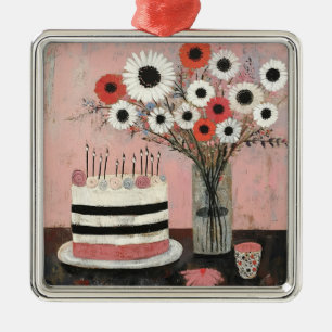 Eleganter Geburtstagskuchen und Gerbera-Blüten Ornament Aus Metall