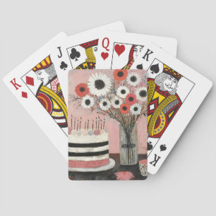 Eleganter Geburtstagskuchen und Gerbera-Blüten Spielkarten