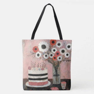 Eleganter Geburtstagskuchen und Gerbera-Blüten Tasche