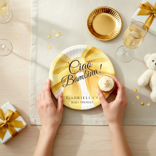 Eleganter gelber Bogen 'Ciao Bambina!' Baby Shower Pappteller