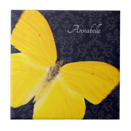 Eleganter gelber Schmetterling schwarzer Damast Mi Fliese