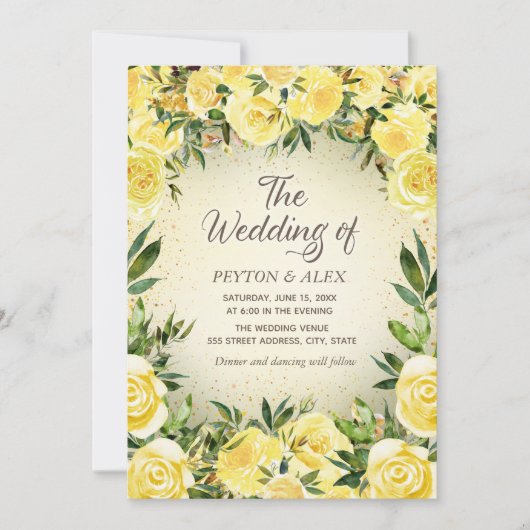 Eleganter Gelber Wasserfarben Blütengold Glitzer Einladung (Vorderseite)
