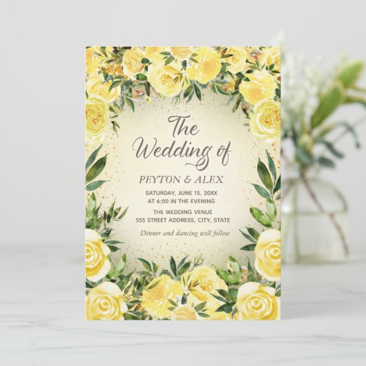 Eleganter Gelber Wasserfarben Blütengold Glitzer Einladung (Stehend Vorderseite)