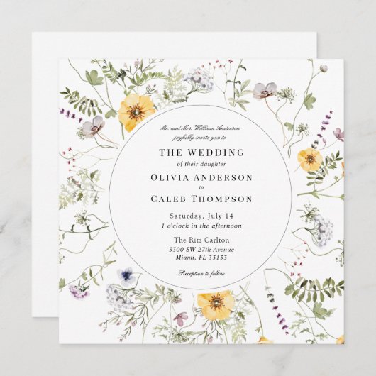 Eleganter Gelber Wildblume Rahmen Hochzeit I Einladung (Vorne/Hinten)