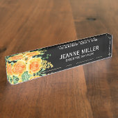 Eleganter Gelborange Rose Blume Manager Schwarz Namensplakette (Seite)