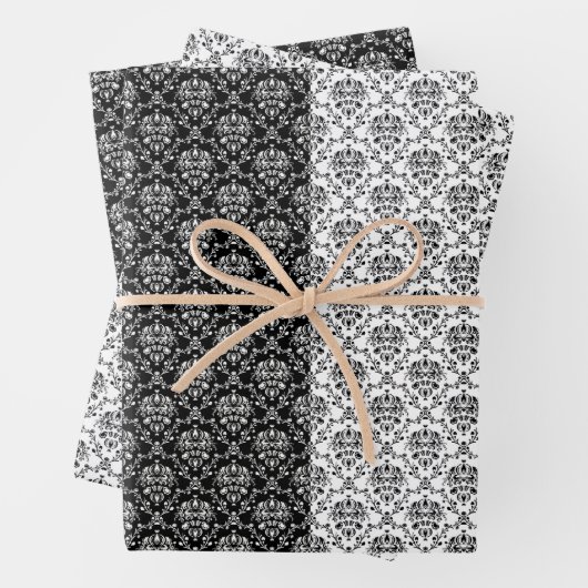 Eleganter gemischter Schwarz-Weiß-Damast Geschenkpapier Set (Beispiel)