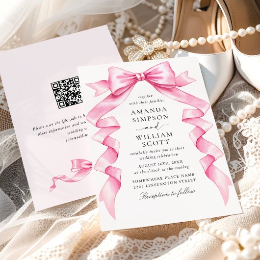 Eleganter Gentle Pink Hand Drawn Bow Wedding QR Co Einladung