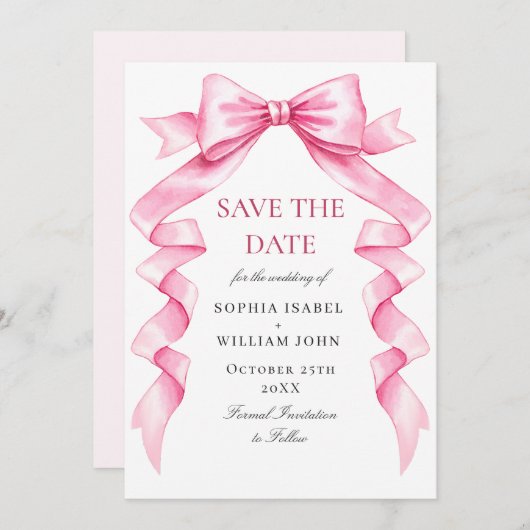 Eleganter Gentle Pink Hand Drawn Bow Wedding QR Co Save The Date (Vorne/Hinten)