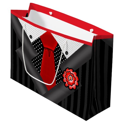 Eleganter Gentleman in Schwarz-weiß und rot Große Geschenktüte (Vorderseite Schrägansicht)