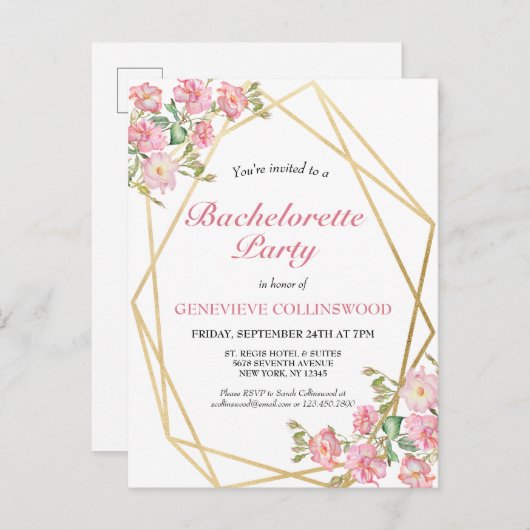 Eleganter geometrischer rosafarbener Junggeselinne Einladungspostkarte (Vorne/Hinten)