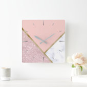 Eleganter geometrischer Rose, vergoldeter Glitzer, Quadratische Wanduhr (Zuhause)