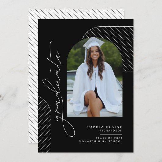 Eleganter geometrischer Schwarz-weißer Abschluss Ankündigung (Vorne/Hinten)