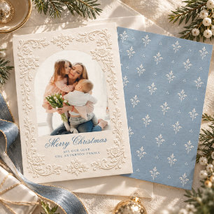 Eleganter geprägter Stil Blaues Blumen-Weihnachtsf Feiertagskarte