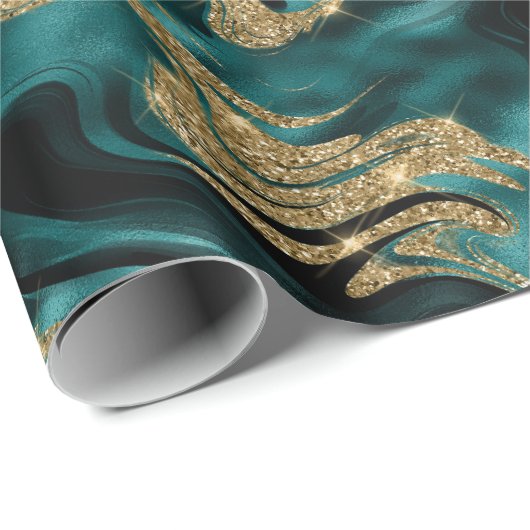 Eleganter geschmolzener Aquamariner und Gold Glitz Geschenkpapier (Rolleneckpunkt)