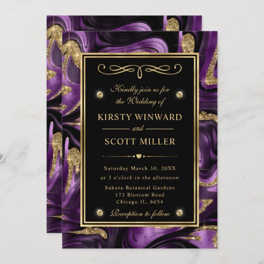Eleganter geschmolzener Glitzer-Hochzeit Lila und Einladung (Vorne/Hinten)