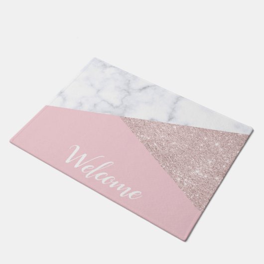 Eleganter Girl-Rose-Gold-Glitzer aus weißem Marmor Fußmatte (Schrägansicht)