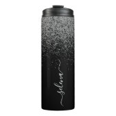 Eleganter Girly Black Silver Glitzer Mit Monogramm Thermosbecher (Vorderseite)
