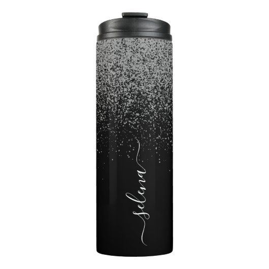 Eleganter Girly Black Silver Glitzer Mit Monogramm Thermosbecher (Vorderseite)