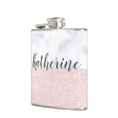 Eleganter girly RosengoldGlitter u. weißer Marmor Flachmann (Links)