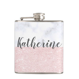 Eleganter girly RosengoldGlitter u. weißer Marmor Flachmann