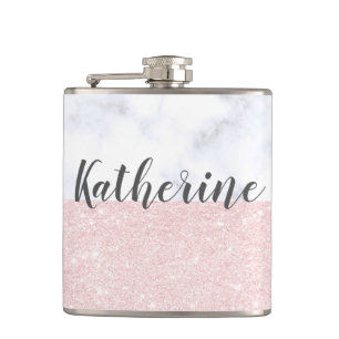 Eleganter girly RosengoldGlitter u. weißer Marmor Flachmann