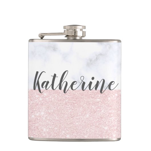 Eleganter girly RosengoldGlitter u. weißer Marmor Flachmann (Vorderseite)
