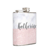 Eleganter girly RosengoldGlitter u. weißer Marmor Flachmann (Rechts)