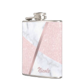 Eleganter girly RosengoldGlitter u. weißer Marmor Flachmann (Links)