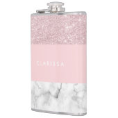 Eleganter girly RosengoldGlitter u. weißer Marmor Flachmann (Links)