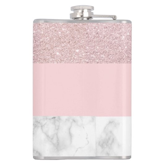 Eleganter girly RosengoldGlitter u. weißer Marmor Flachmann (Rückseite)