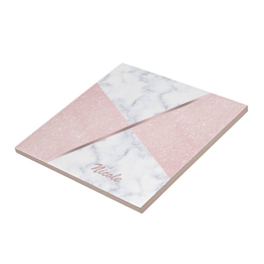 Eleganter girly RosengoldGlitter u. weißer Marmor Fliese (Seite)