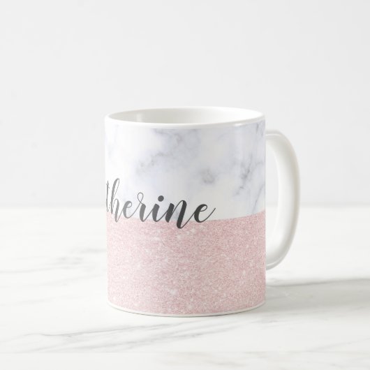 Eleganter girly RosengoldGlitter u. weißer Marmor Kaffeetasse (VorderseiteRechts)
