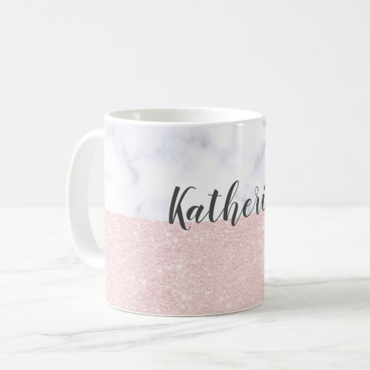 Eleganter girly RosengoldGlitter u. weißer Marmor Kaffeetasse (Vorderseite Links)