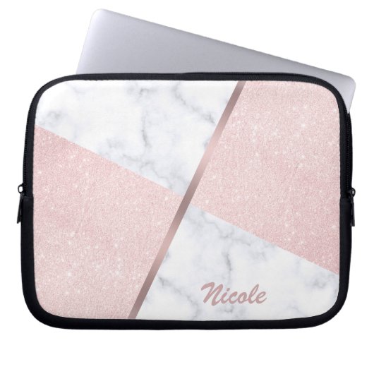 Eleganter girly RosengoldGlitter u. weißer Marmor Laptopschutzhülle (Vorderseite)