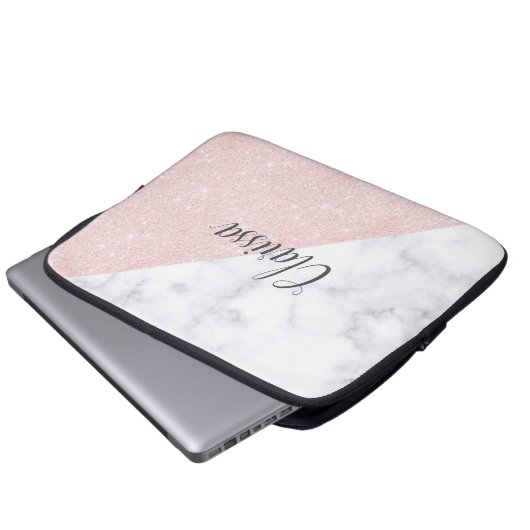 Eleganter girly RosengoldGlitter u. weißer Marmor Laptopschutzhülle (Vorne Knopf)