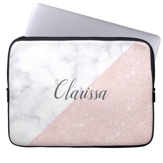 Eleganter girly RosengoldGlitter u. weißer Marmor Laptopschutzhülle (Vorderseite)