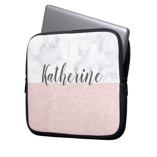 Eleganter girly RosengoldGlitter u. weißer Marmor Laptopschutzhülle (Vorderseite Links)