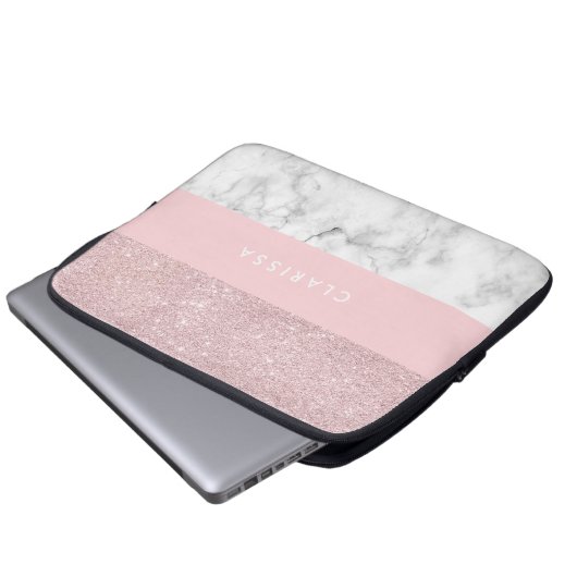 Eleganter girly RosengoldGlitter u. weißer Marmor Laptopschutzhülle (Vorne Knopf)