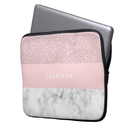 Eleganter girly RosengoldGlitter u. weißer Marmor Laptopschutzhülle (Vorderseite Links)