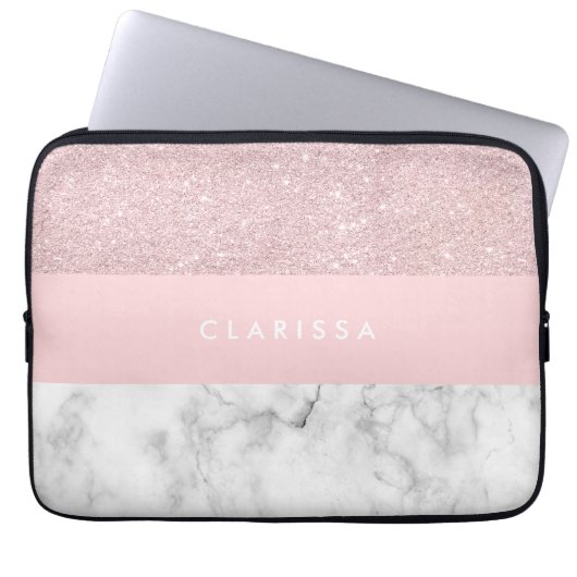 Eleganter girly RosengoldGlitter u. weißer Marmor Laptopschutzhülle (Vorderseite)