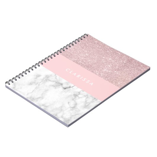 Eleganter girly RosengoldGlitter u. weißer Marmor Notizblock (Linke Seite)