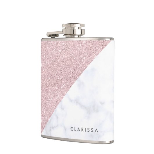 eleganter girly RosengoldGlitter-Weißmarmor Flachmann (Links)