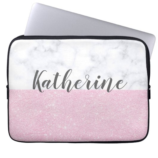 Eleganter girly RosengoldGlitter-Weißmarmor Laptopschutzhülle (Vorderseite)