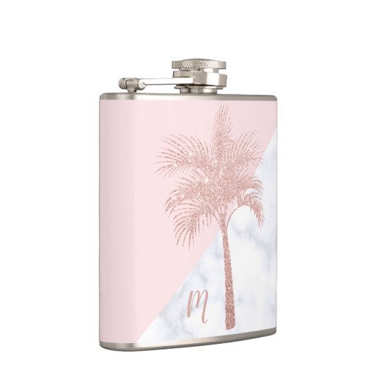 Eleganter girly RosengoldGlitterpalmen-Weißmarmor Flachmann (Rechts)