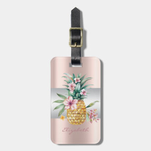 Eleganter, girly Streifen, florale Ananas Roségold Gepäckanhänger